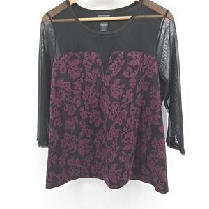 Ashley Stewart Plus Size Floral Mesh Top Blouse Black Purple 14/16‎